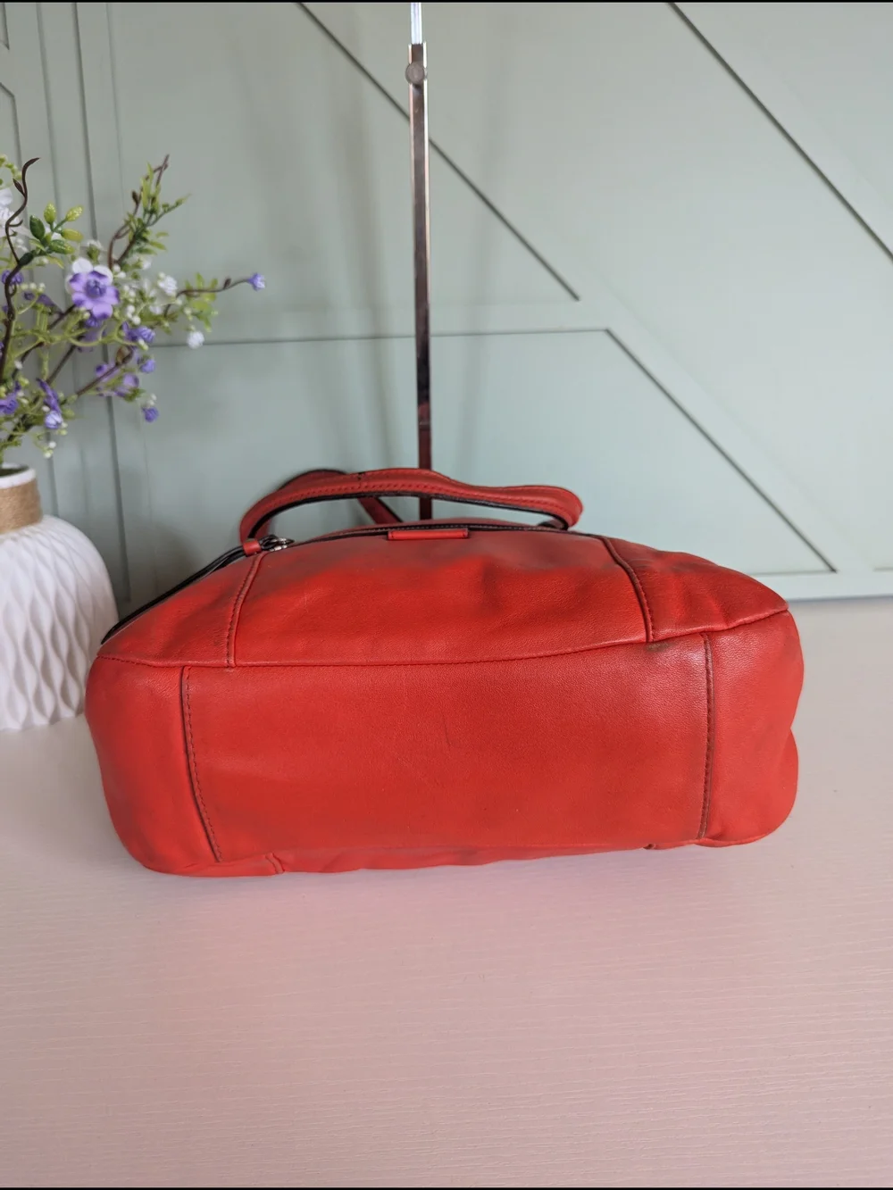 Coach Red Leather Tote Bag with Front Zip Pocket